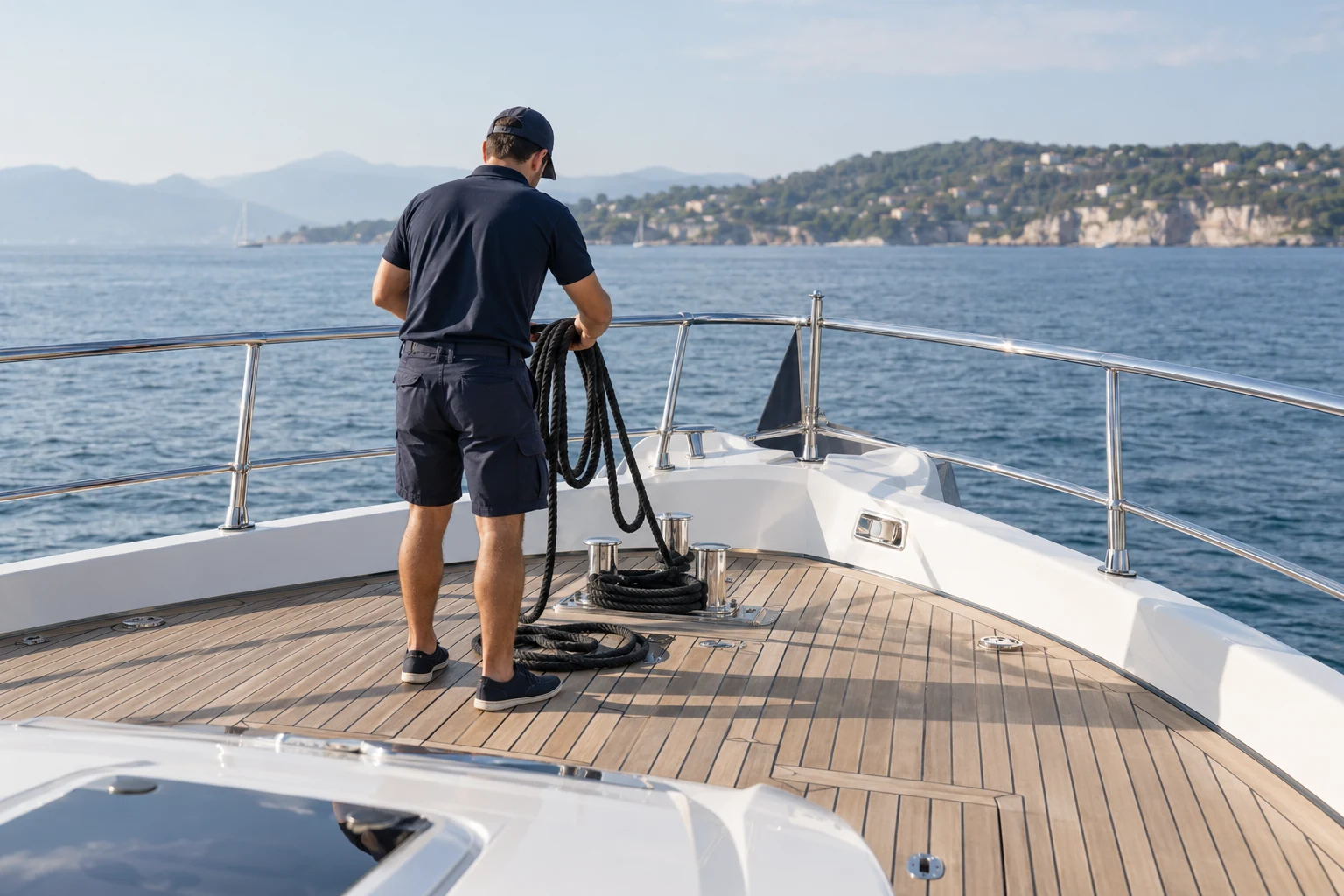 Crew-Mitglied bei der Vorbereitung von Leinen auf dem Yachtdeck
