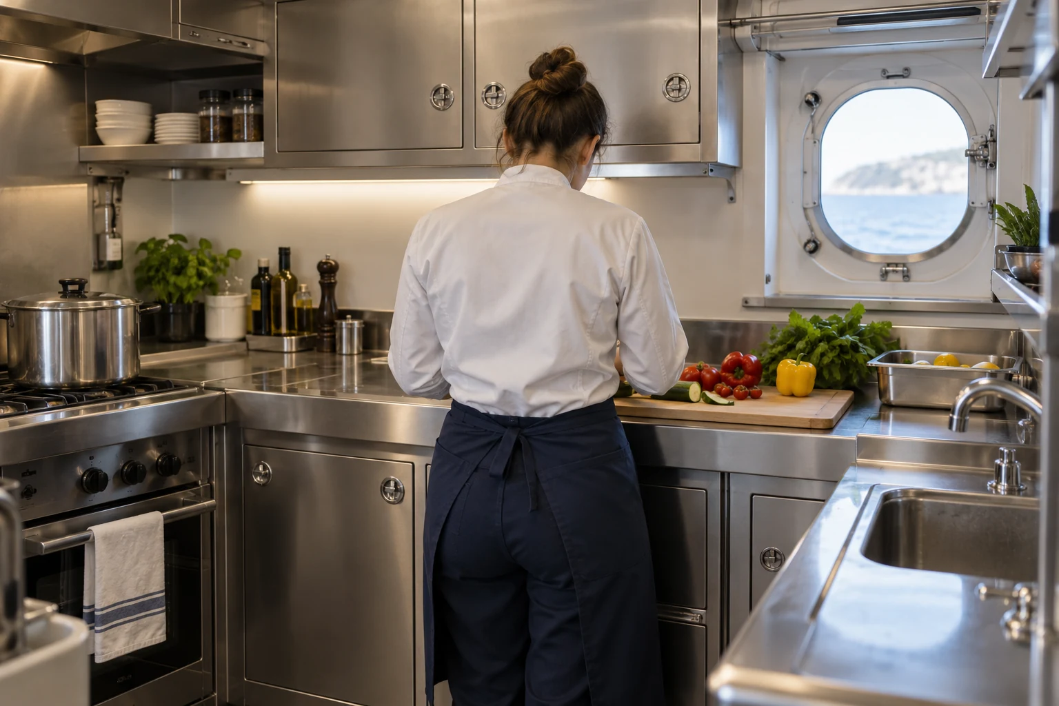 Küchenarbeit in einer Yacht-Bordküche
