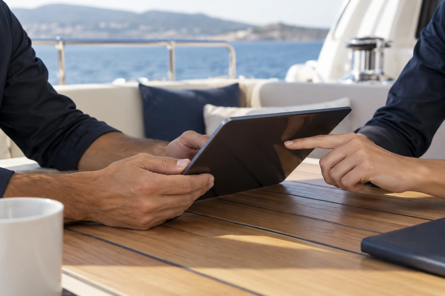 Hände bei der gemeinsamen Prüfung eines Tablets an Bord